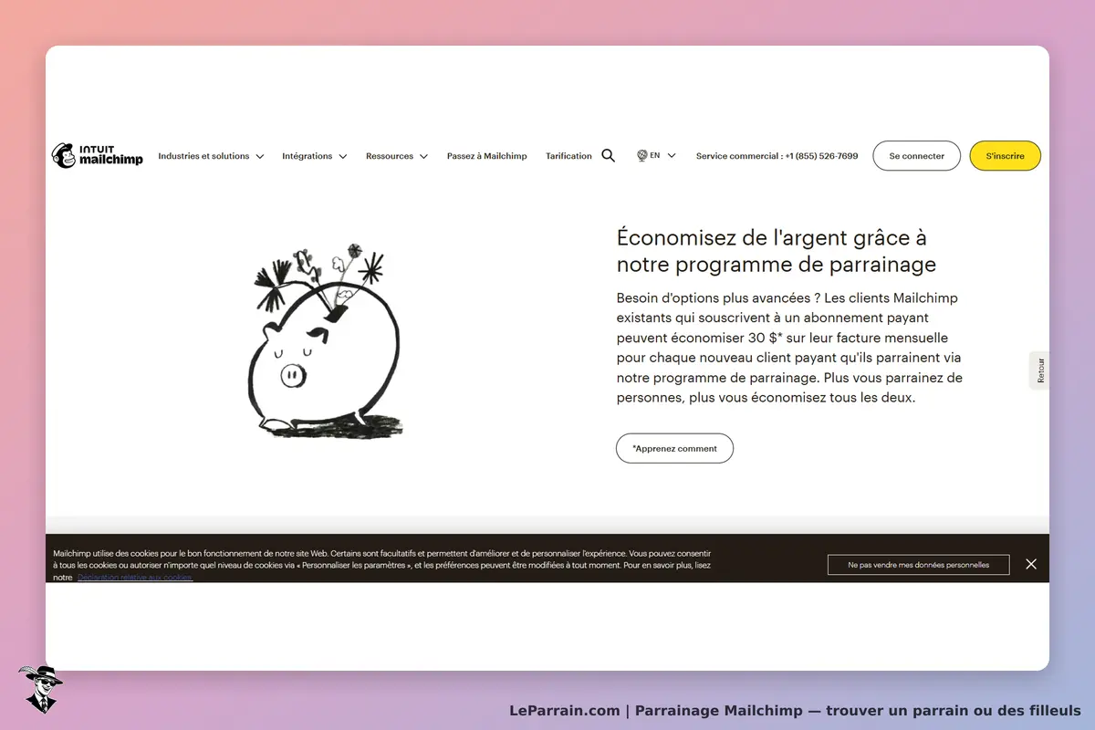 Mailchimp : page d'accueil avec un cochon tirelire et des informations sur le parrainage