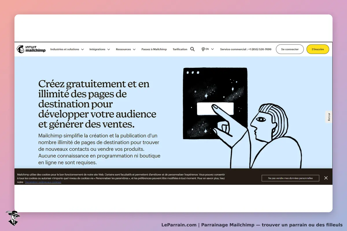 Mailchimp : page d'accueil avec texte sur la création de pages de destination et illustration