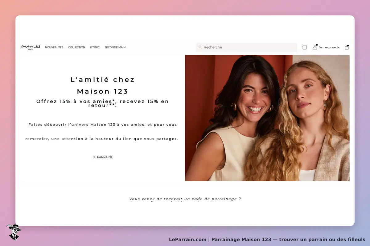 Maison 123 : deux femmes souriantes sur un fond coloré, avec du texte sur l'amitié et le parrainage