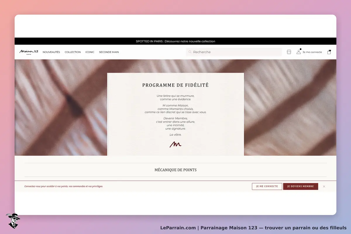 Maison 123 : programme de fidélité avec texte explicatif et boutons de connexion et d'adhésion