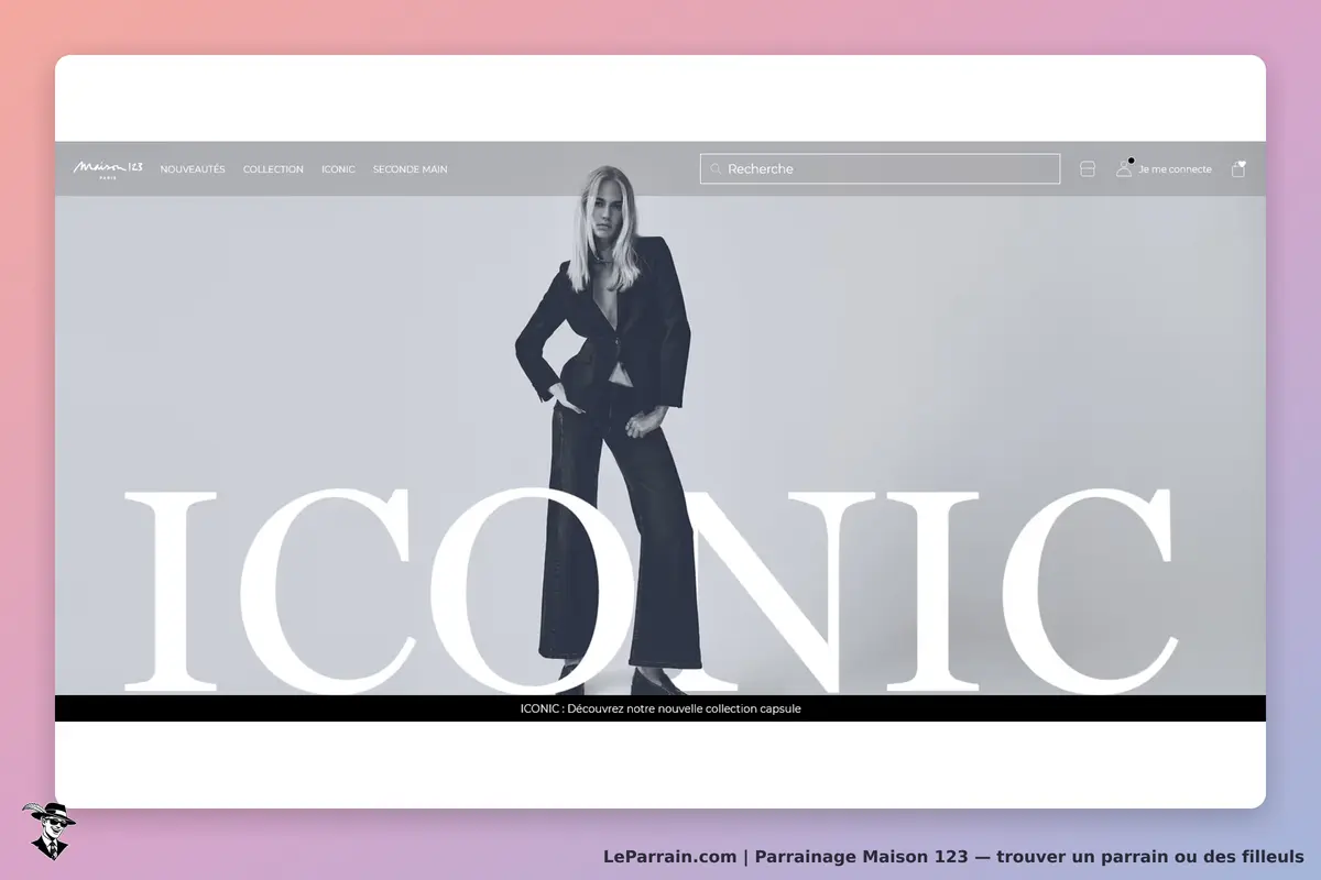 Maison 123 : page d'accueil avec mannequin en tenue noire et texte "ICONIC" en grand format