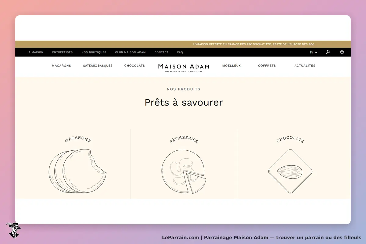 Maison Adam : présentation des produits avec illustrations de macarons, pâtisseries et chocolats
