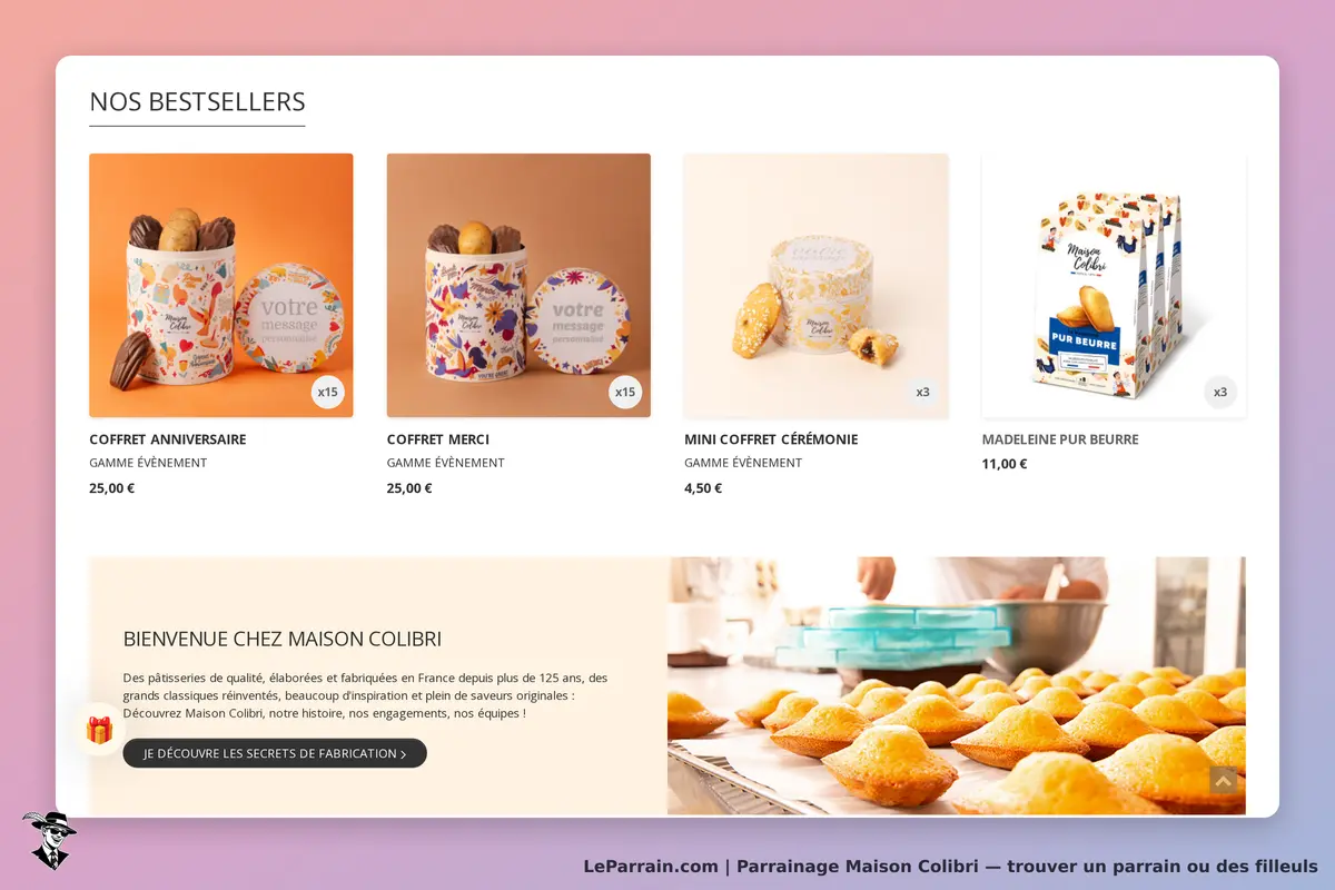 Maison Colibri : section des bestsellers avec divers coffrets et madeleines présentés