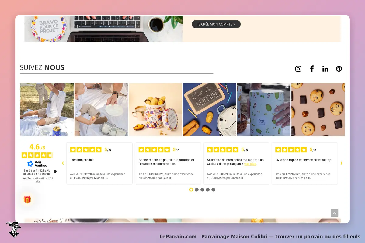 Maison Colibri : page d'accueil avec évaluations et images de produits variés