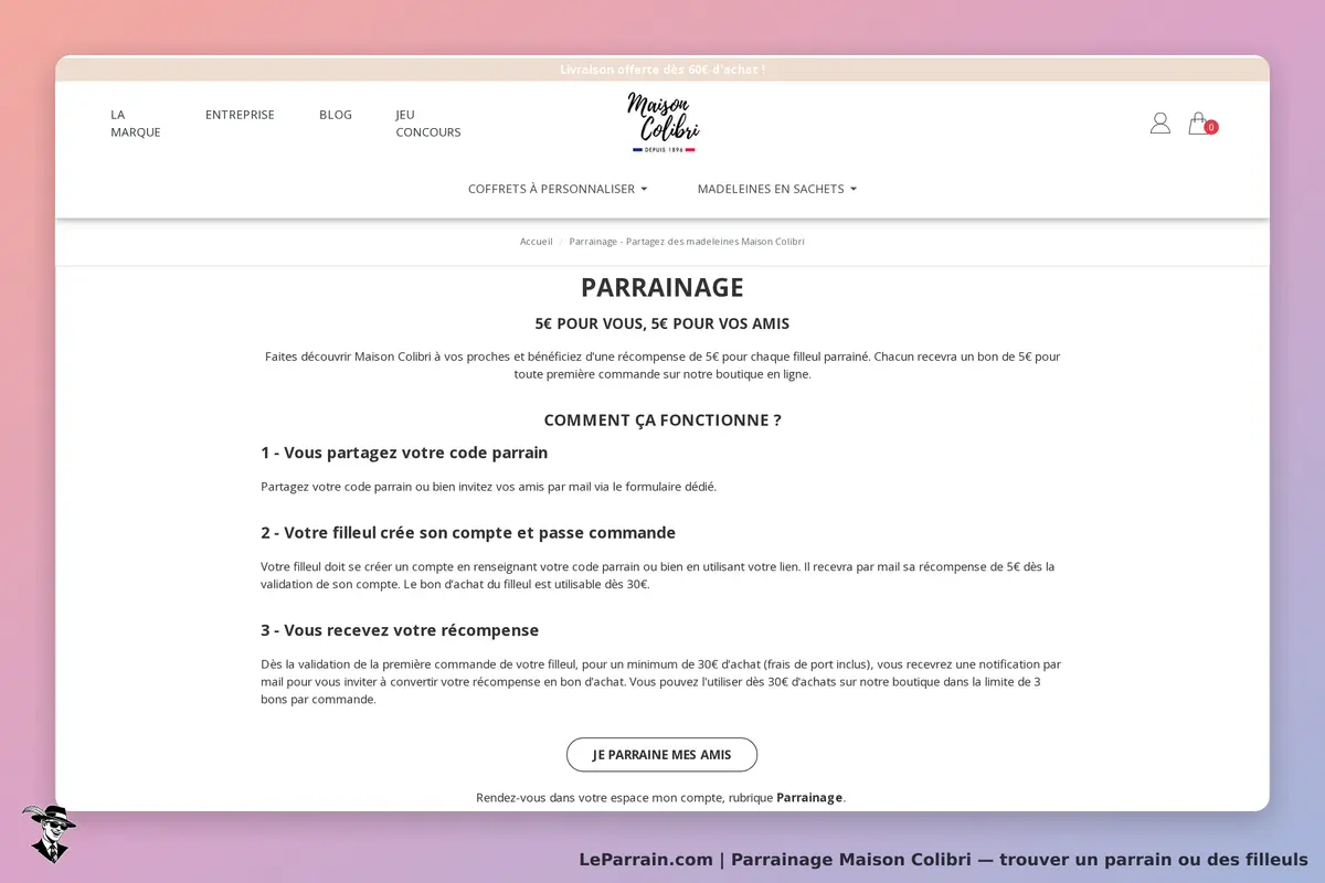 Maison Colibri : page de parrainage avec étapes et informations sur le fonctionnement du programme