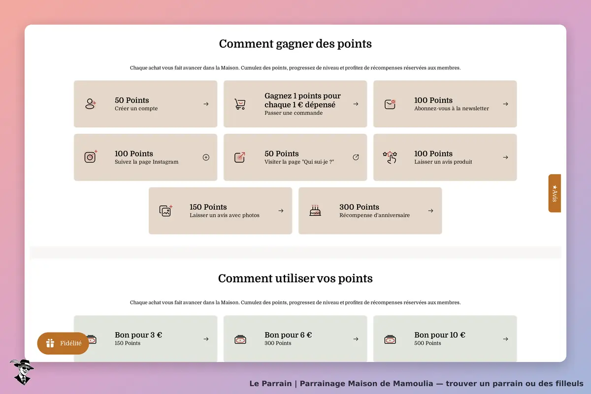 Maison de Mamoulia : section sur la façon de gagner et d'utiliser des points de fidélité