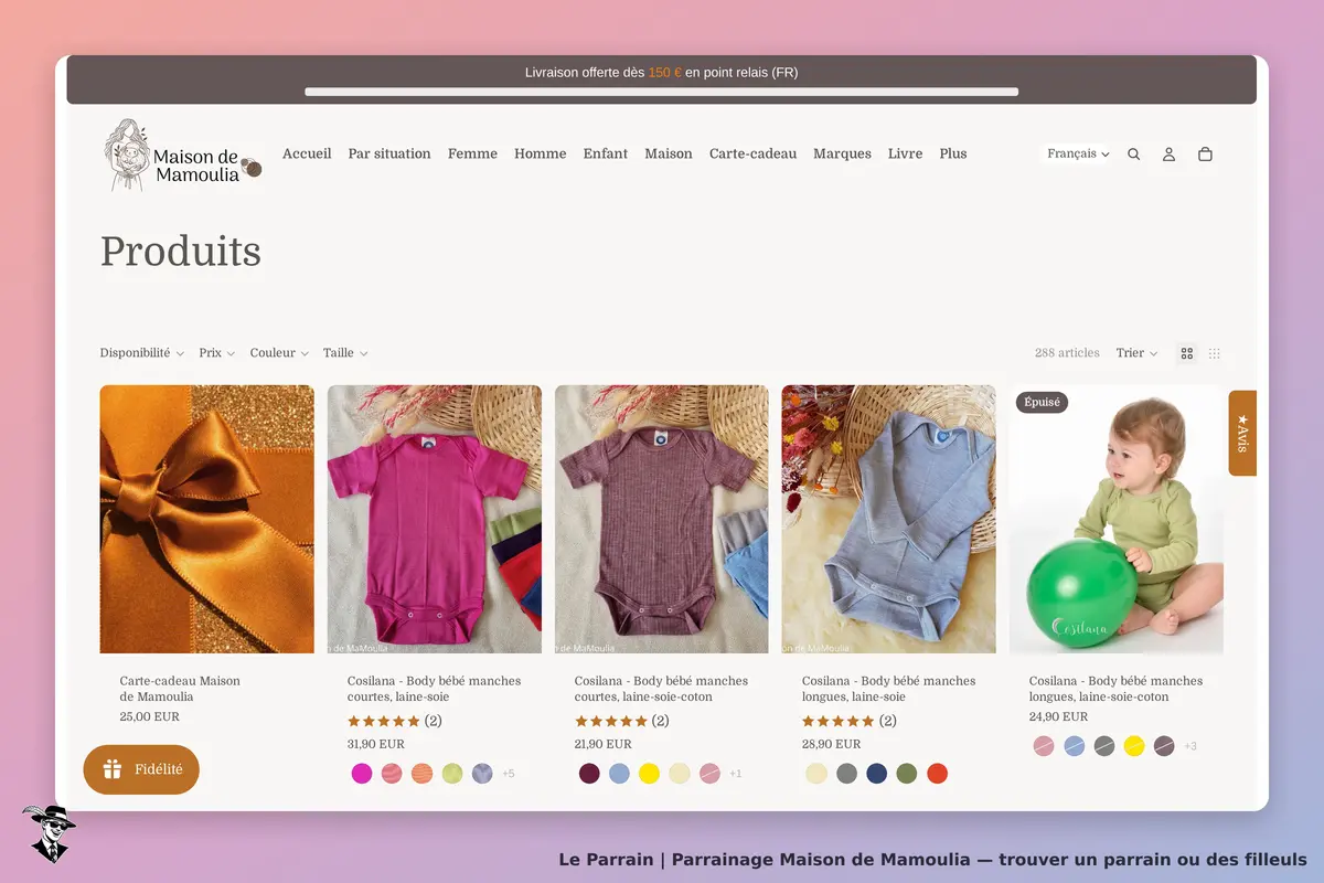 Maison de Mamoulia : page des produits avec divers vêtements pour bébés et un enfant jouant