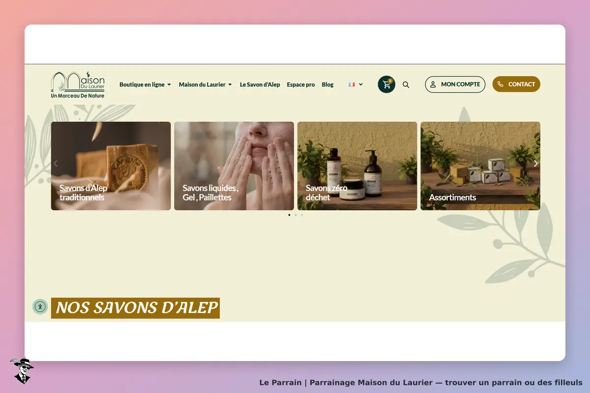 Maison du Laurier : page d'accueil avec produits de savon et catégories affichées