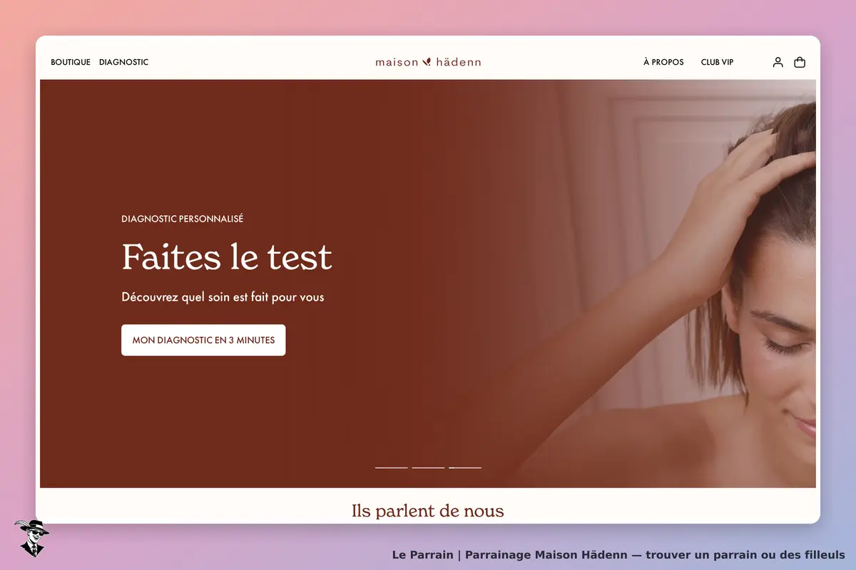 Maison Hädenn : page d'accueil avec un test de diagnostic personnalisé et une femme touchant ses