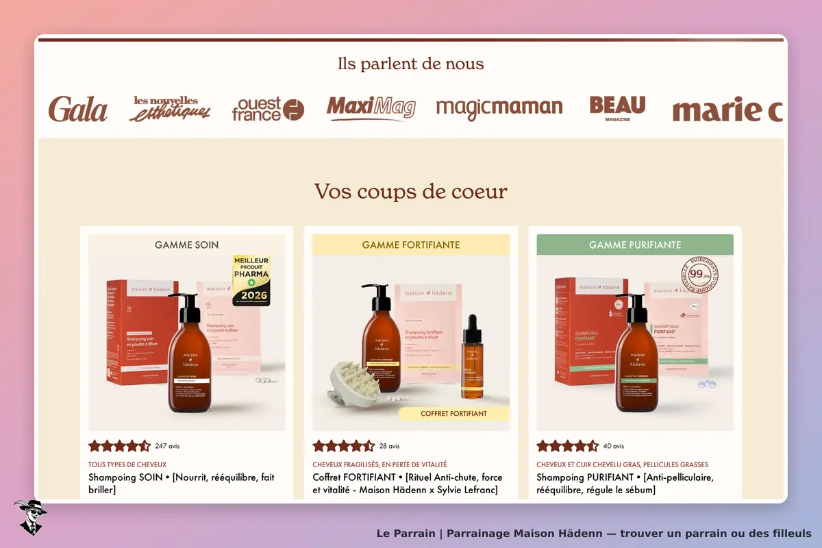Maison Hädenn : section coups de cœur avec produits de soins capillaires et avis clients