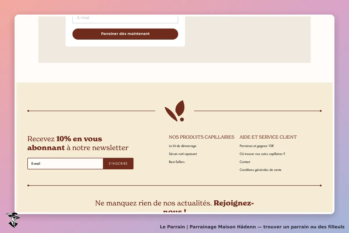 Maison Hädenn : section d'inscription à la newsletter avec formulaire et liens vers les produits