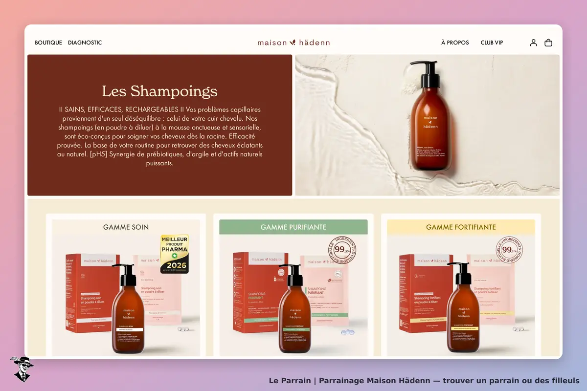 Maison Hädenn : page d'accueil présentant les gammes de shampoings avec produits et descriptions