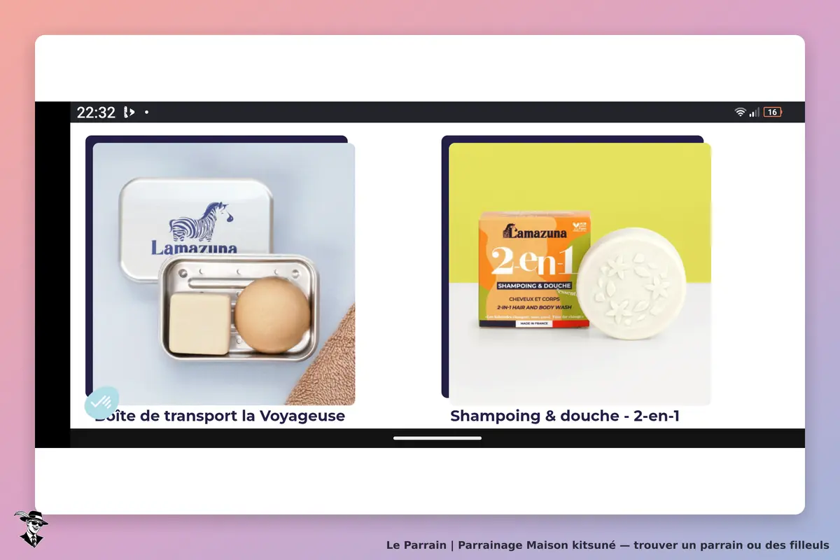 Maison Kitsuné : produits Lamazuna avec boîte de transport et shampoing 2-en-1 affichés
