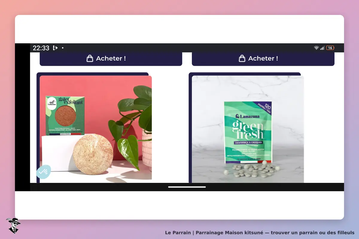 Maison Kitsuné : deux produits affichés, un exfoliant et un dentifrice à croquer sur fond coloré