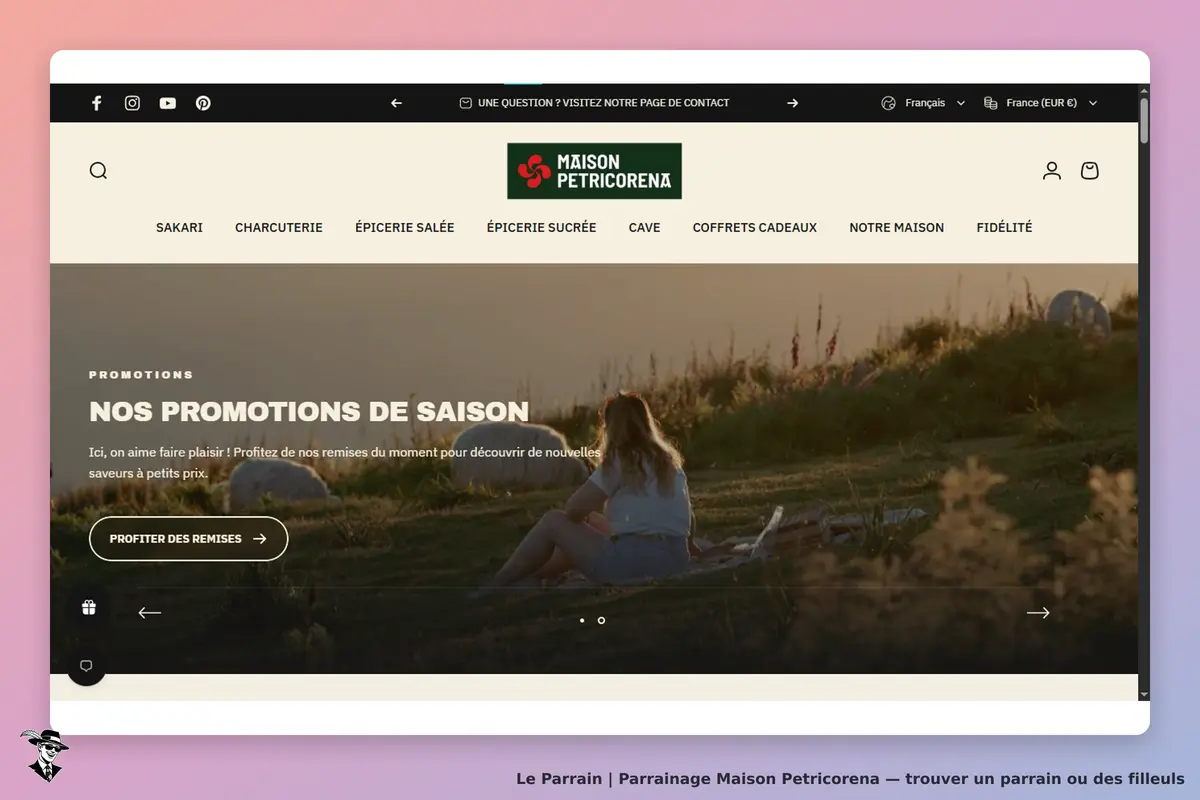 Maison Petricorena : page d'accueil avec une femme assise sur l'herbe, promotions de saison