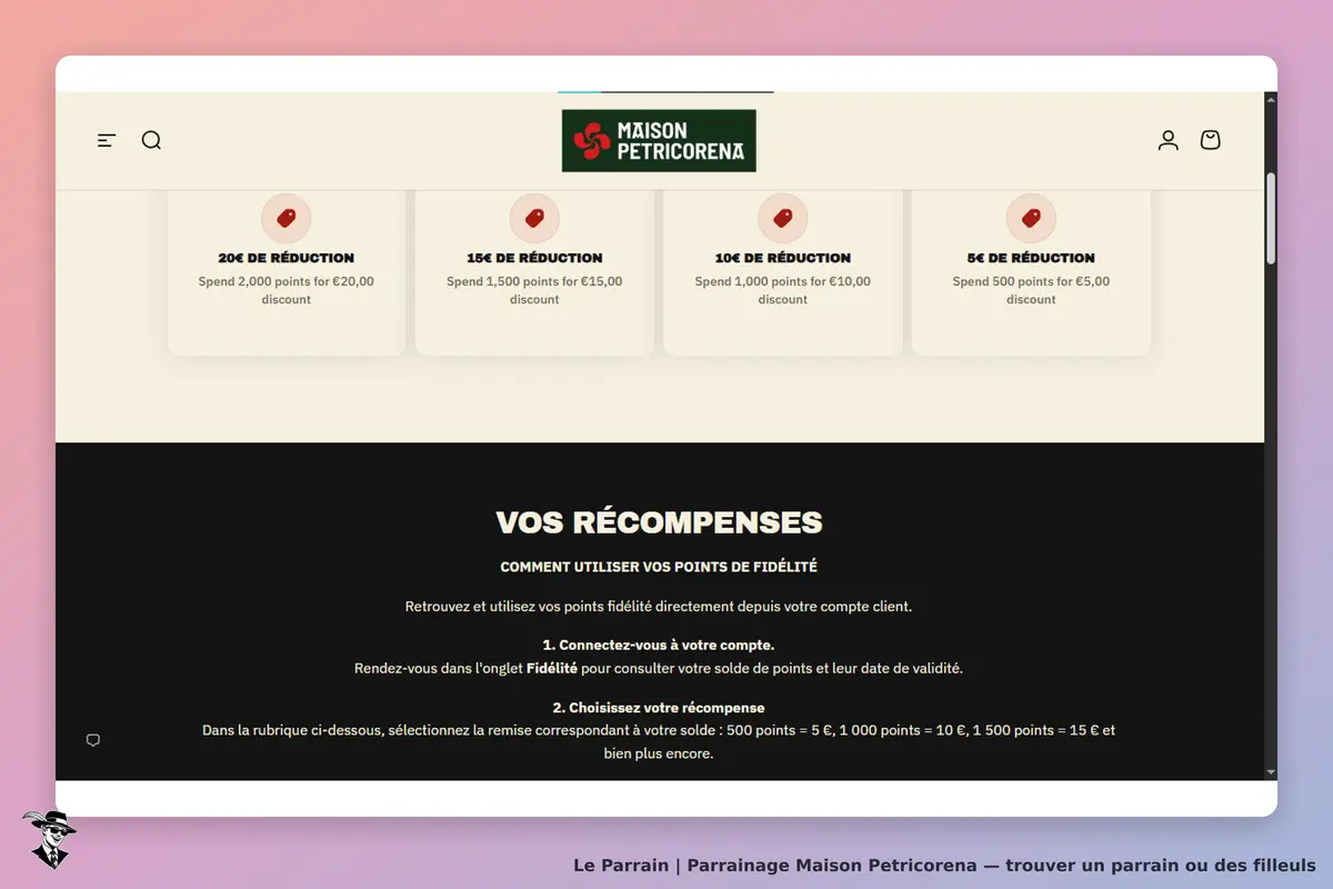 Maison Petricorena : affichage des réductions et instructions pour utiliser les points de fidélité