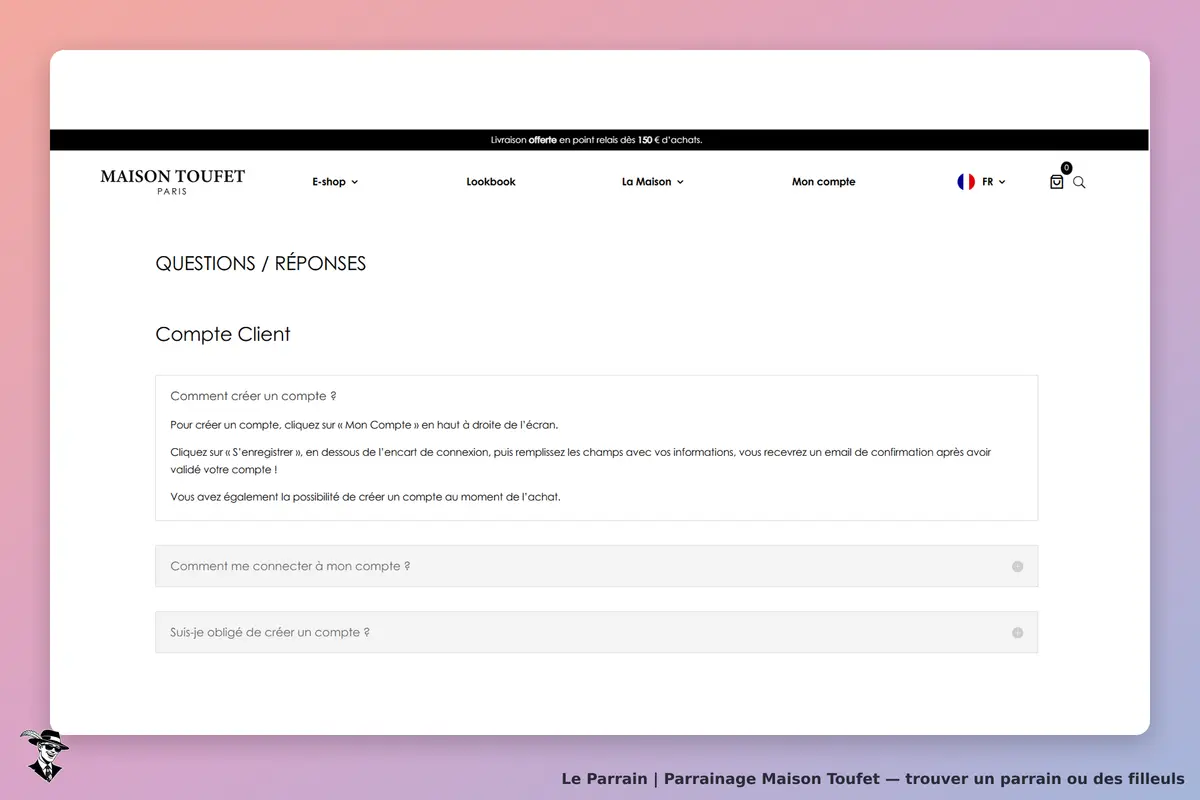 Maison Toufet : page FAQ sur la création et la connexion d'un compte client