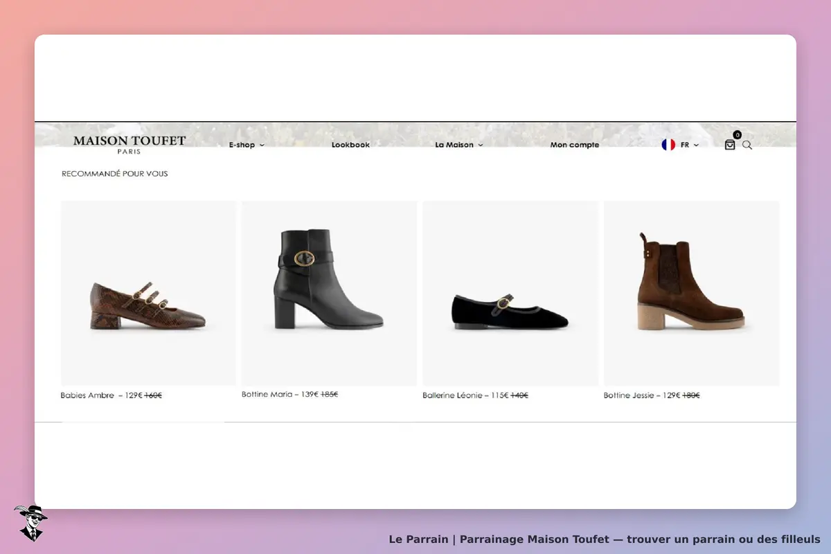 Maison Toufet : quatre modèles de chaussures avec leurs noms affichés sur une page d'accueil