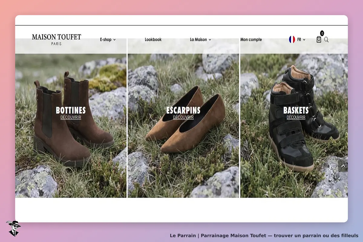 Maison Toufet : trois paires de chaussures sur fond naturel, incluant bottines, escarpins et