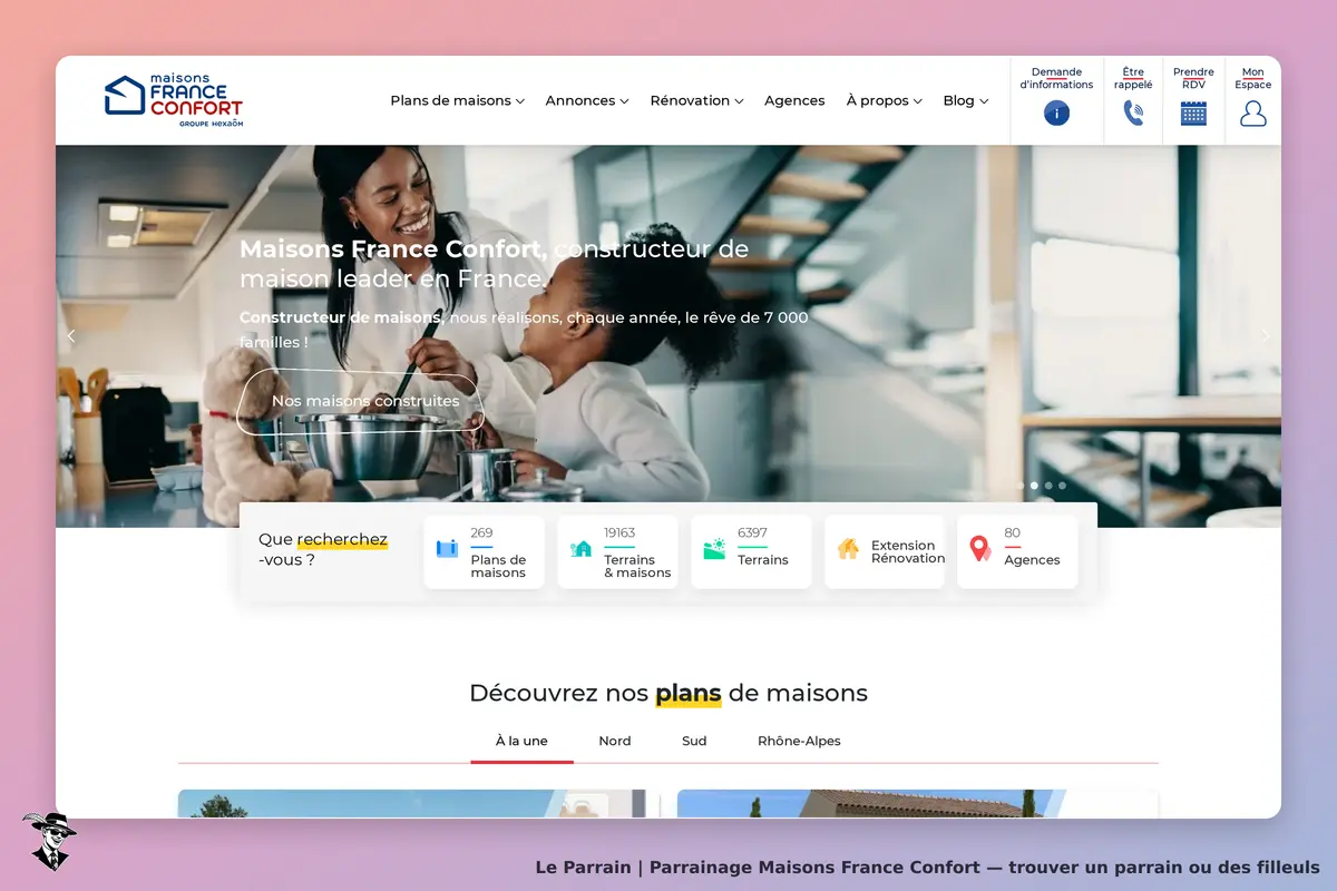 Maisons France Confort : page d'accueil avec un visuel familial et des options de navigation