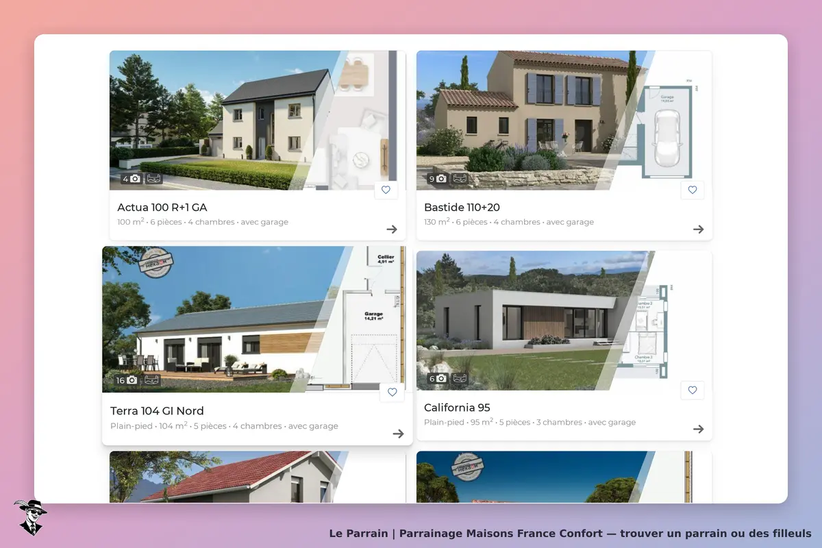 Maisons France Confort : quatre modèles de maisons avec images et descriptions sur la page