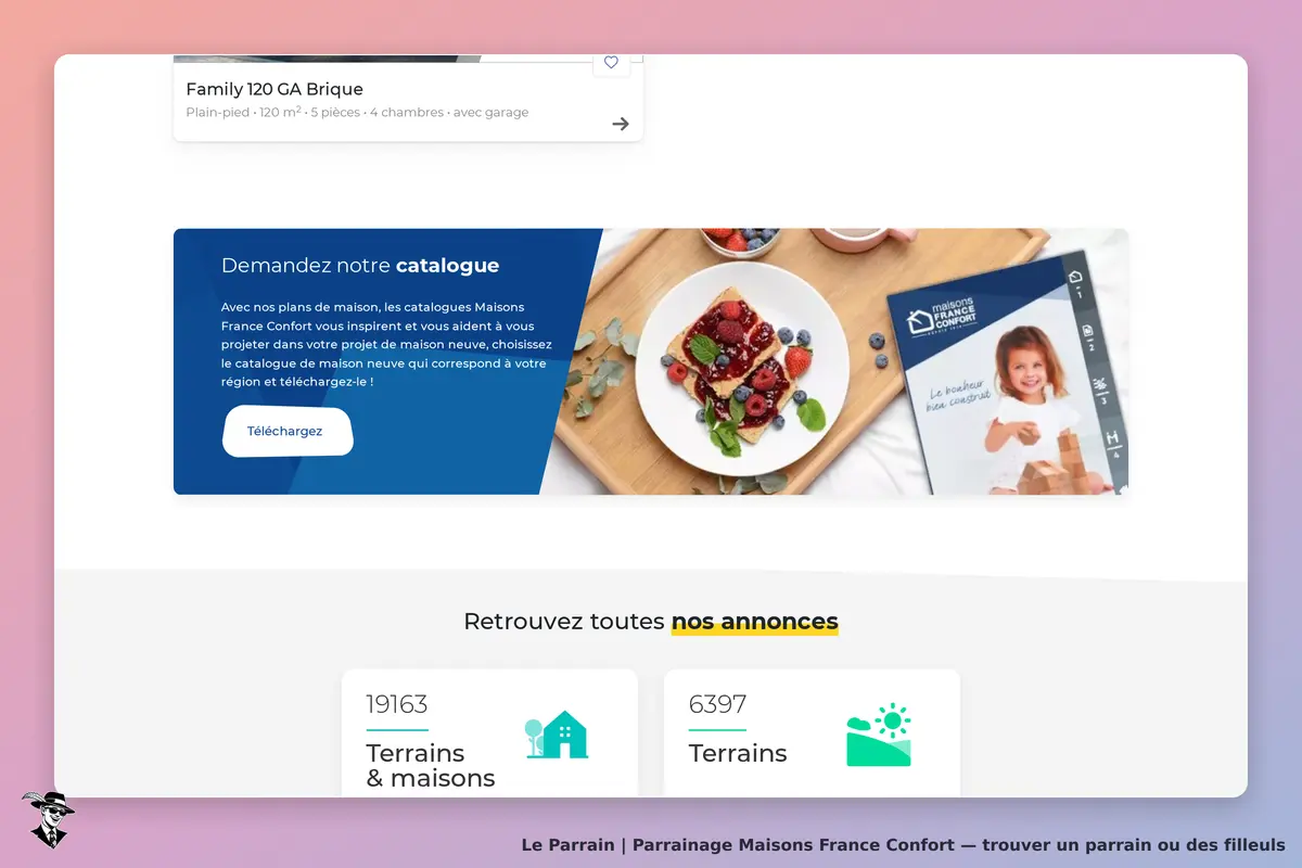 Maisons France Confort : page d'accueil avec catalogue et visuel de tartes aux fruits