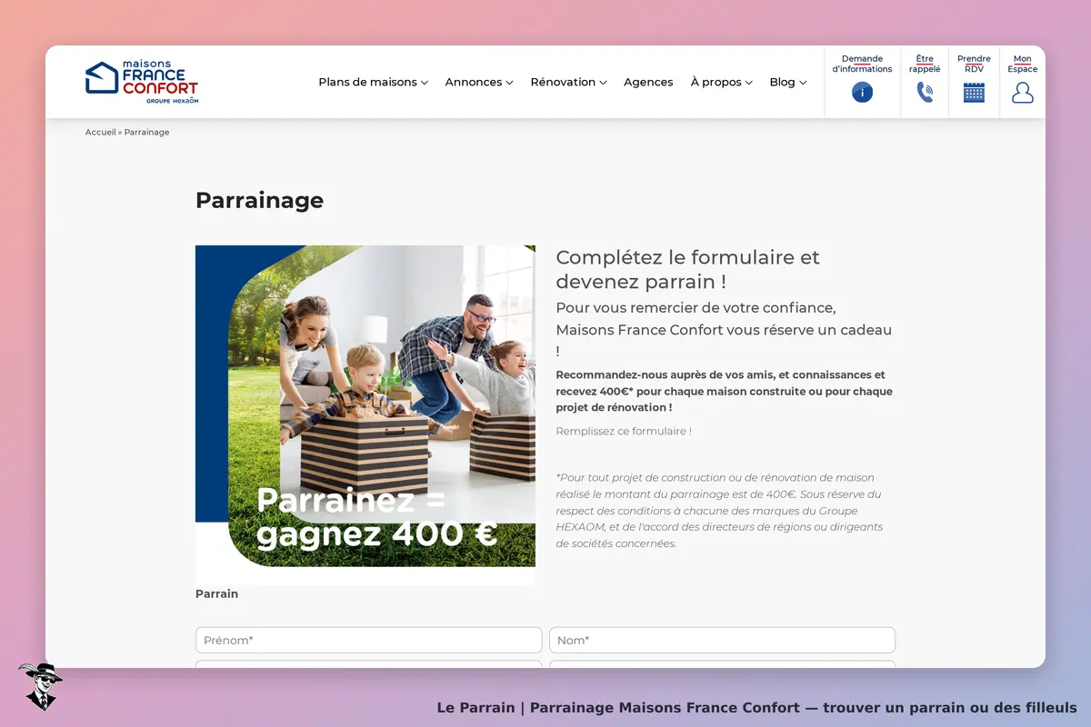 Maisons France Confort : page de parrainage avec formulaire et image de famille jouant dans le