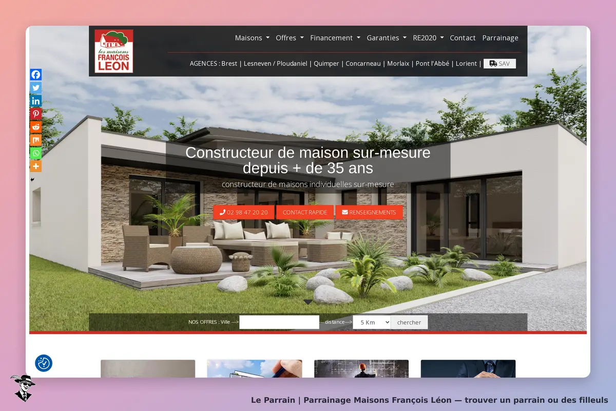 Maisons François Léon : page d'accueil présentant une maison moderne avec jardin et mobilier