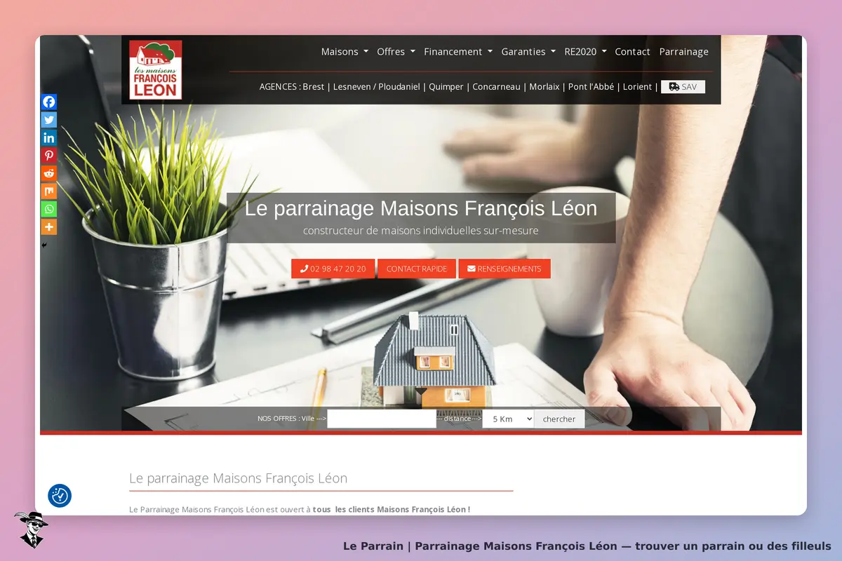 Maisons François Léon : page d'accueil avec un formulaire de parrainage et une maquette de maison