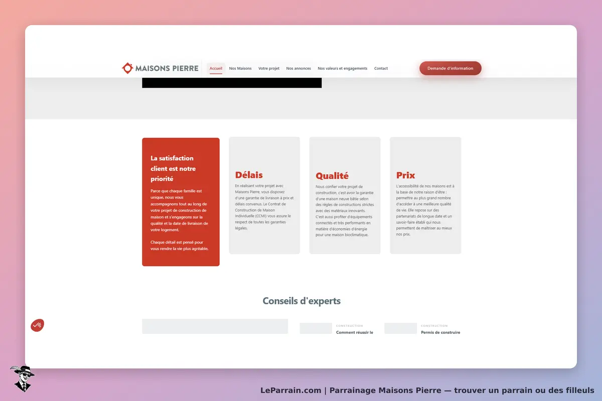 Maisons Pierre : page d'accueil présentant la satisfaction client et des conseils d'experts