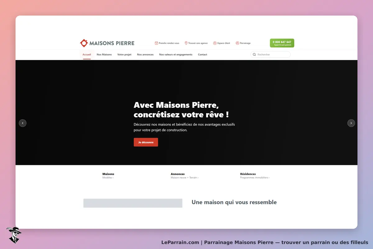 Maisons Pierre : page d'accueil avec un slogan et des liens vers les maisons et projets