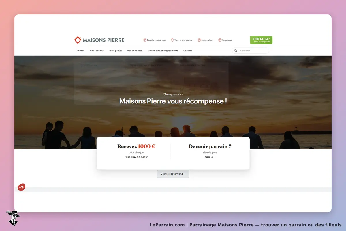 Maisons Pierre : page d'accueil avec slogan et options de parrainage sur fond de coucher de soleil
