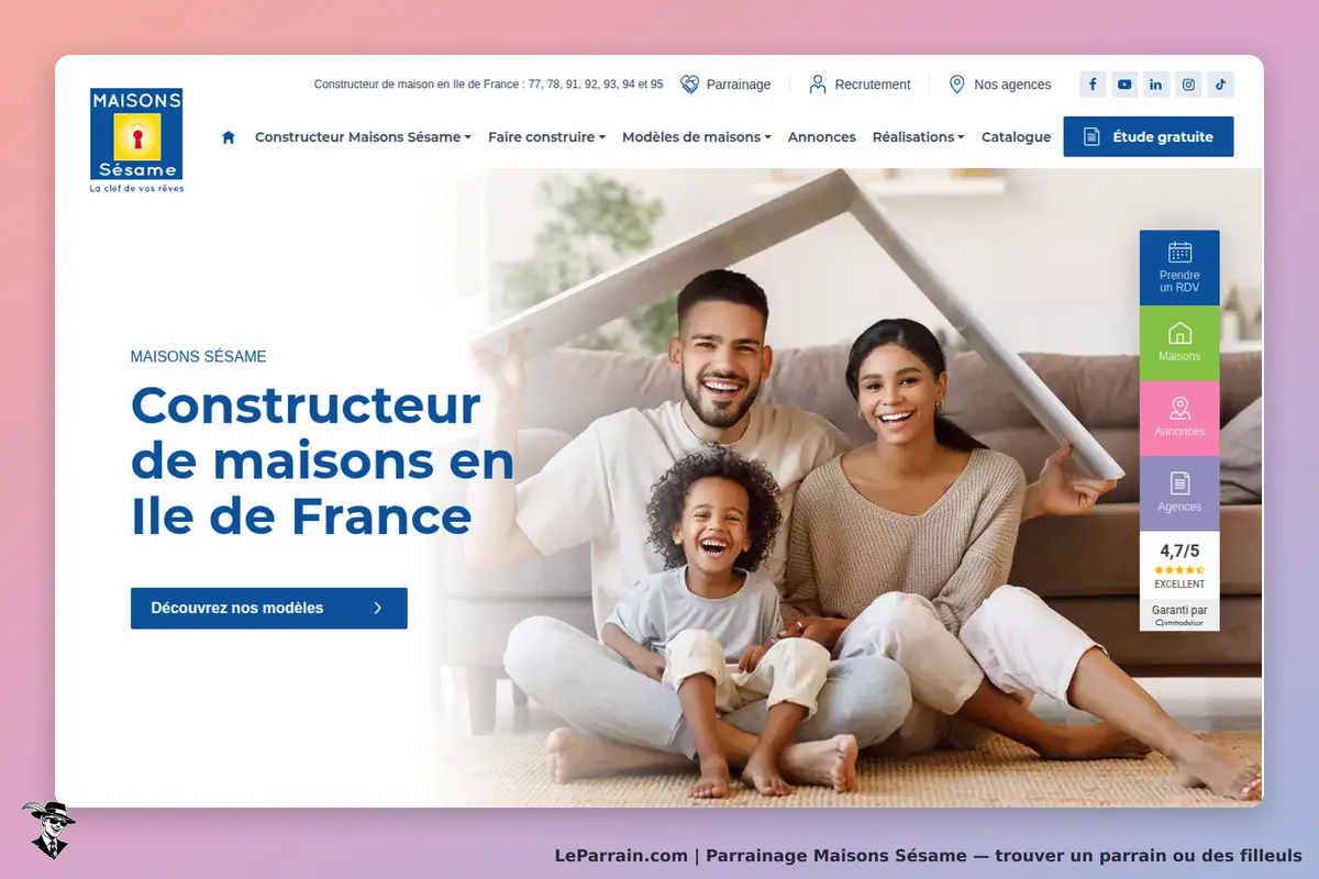 Maisons Sésame : page d'accueil avec une famille souriante sous un toit en carton