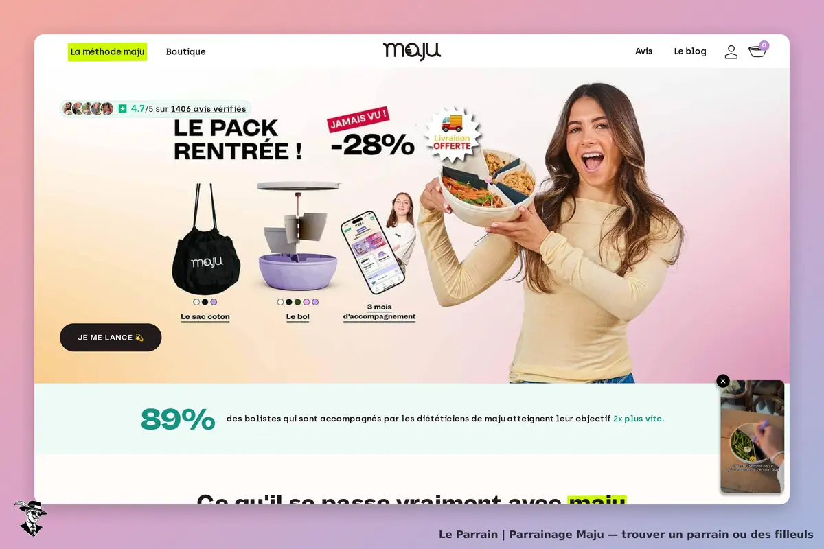 Maju : page d'accueil présentant des produits et une personne souriante avec un bol de nourriture