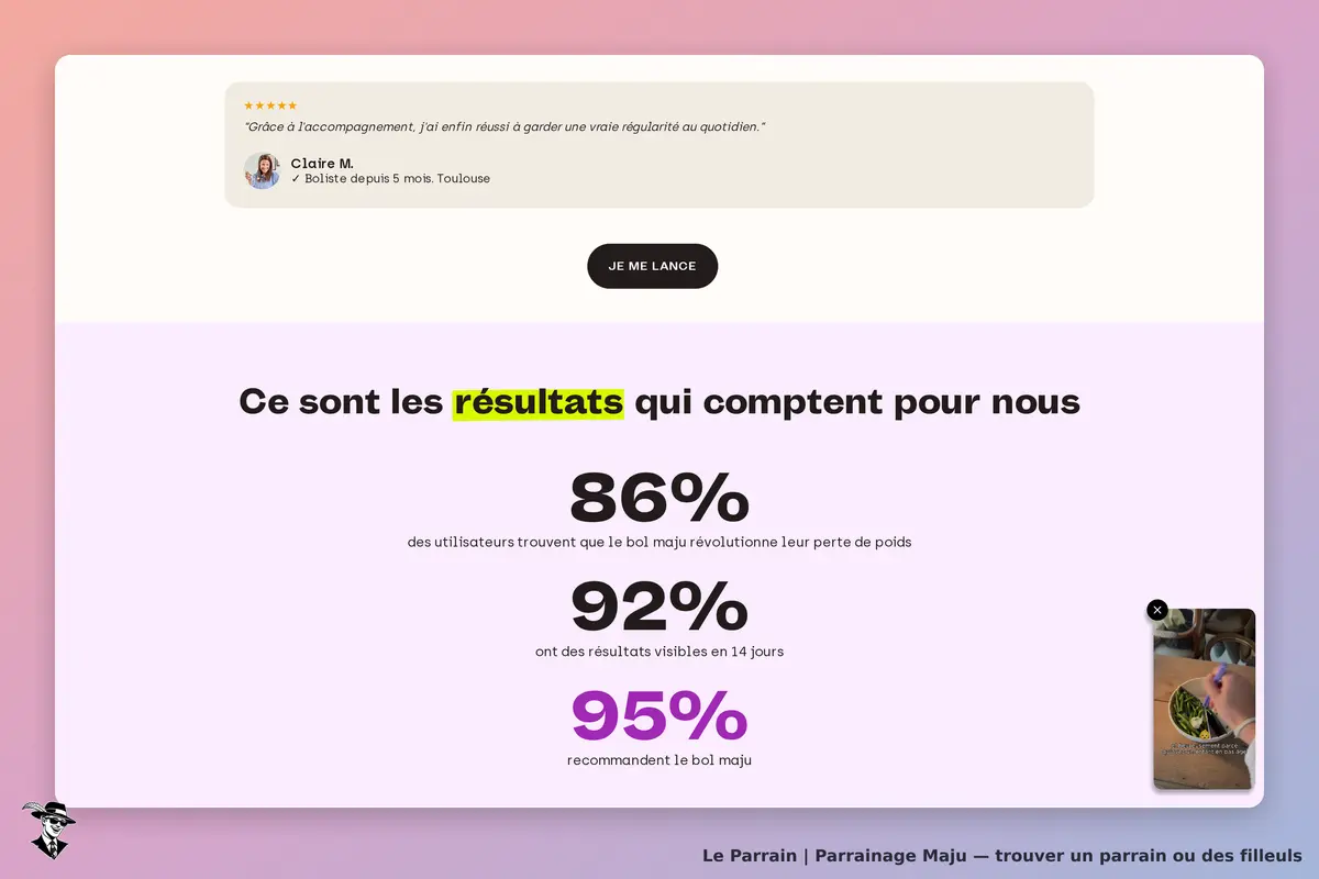 Maju : page d'accueil avec témoignage et statistiques sur les résultats des utilisateurs