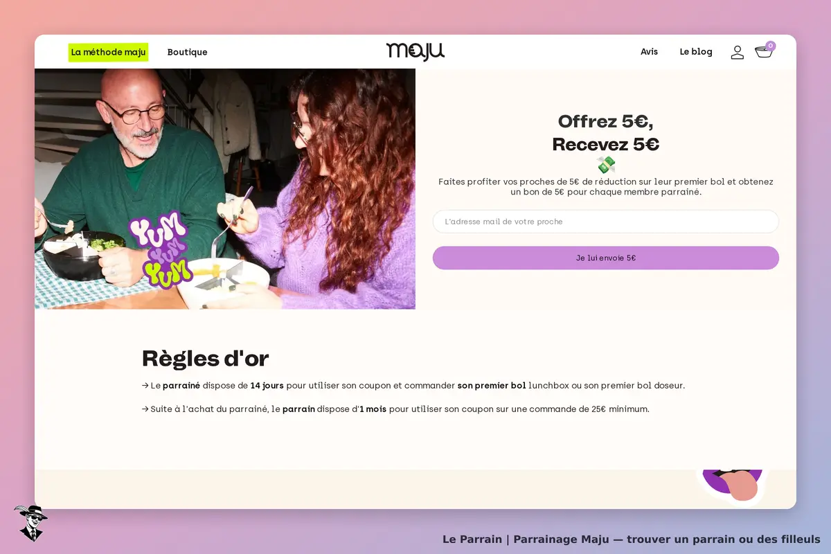 Maju : page d'accueil avec un formulaire de parrainage et des personnes partageant un repas