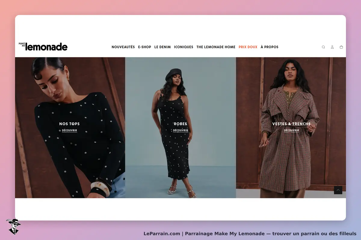 Make My Lemonade : page d'accueil avec des vêtements et catégories de produits affichées