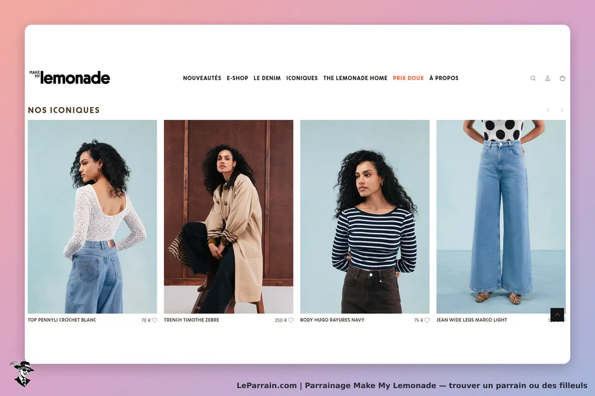Make My Lemonade : quatre vêtements présentés sur la page d'accueil, avec modèles et descriptions
