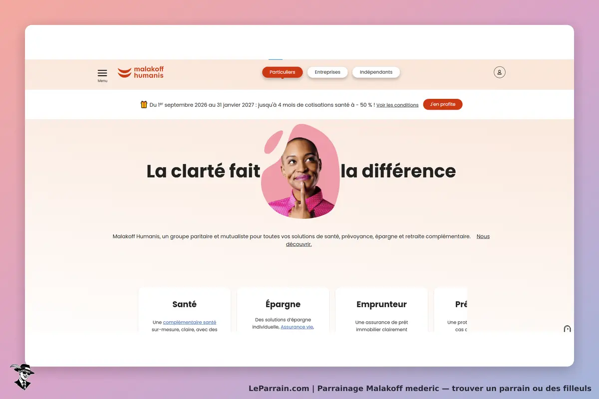 Malakoff mederic : malakoff Humanis : page d'accueil avec un slogan et des options de services en