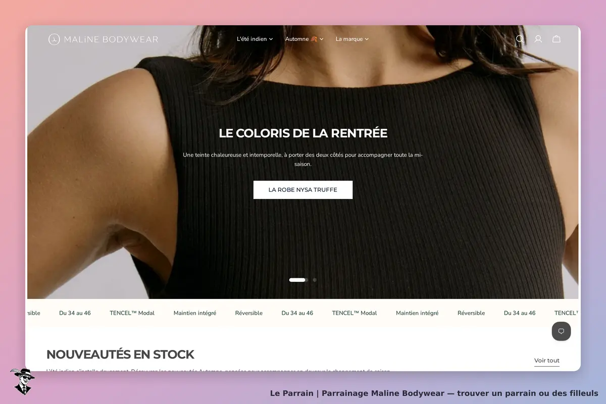 Maline Bodywear : page d'accueil présentant un haut noir avec un slogan sur le coloris de la