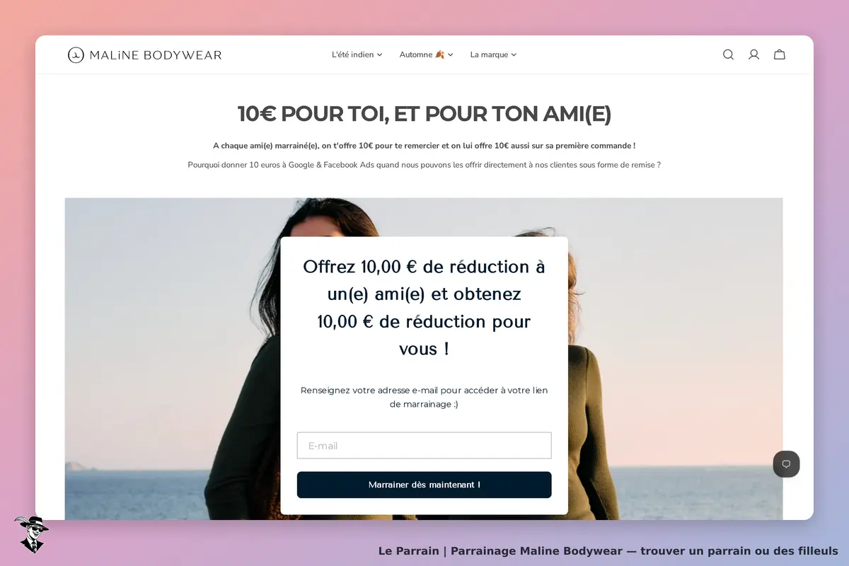 Maline Bodywear : page d'accueil avec formulaire de parrainage et image de deux personnes