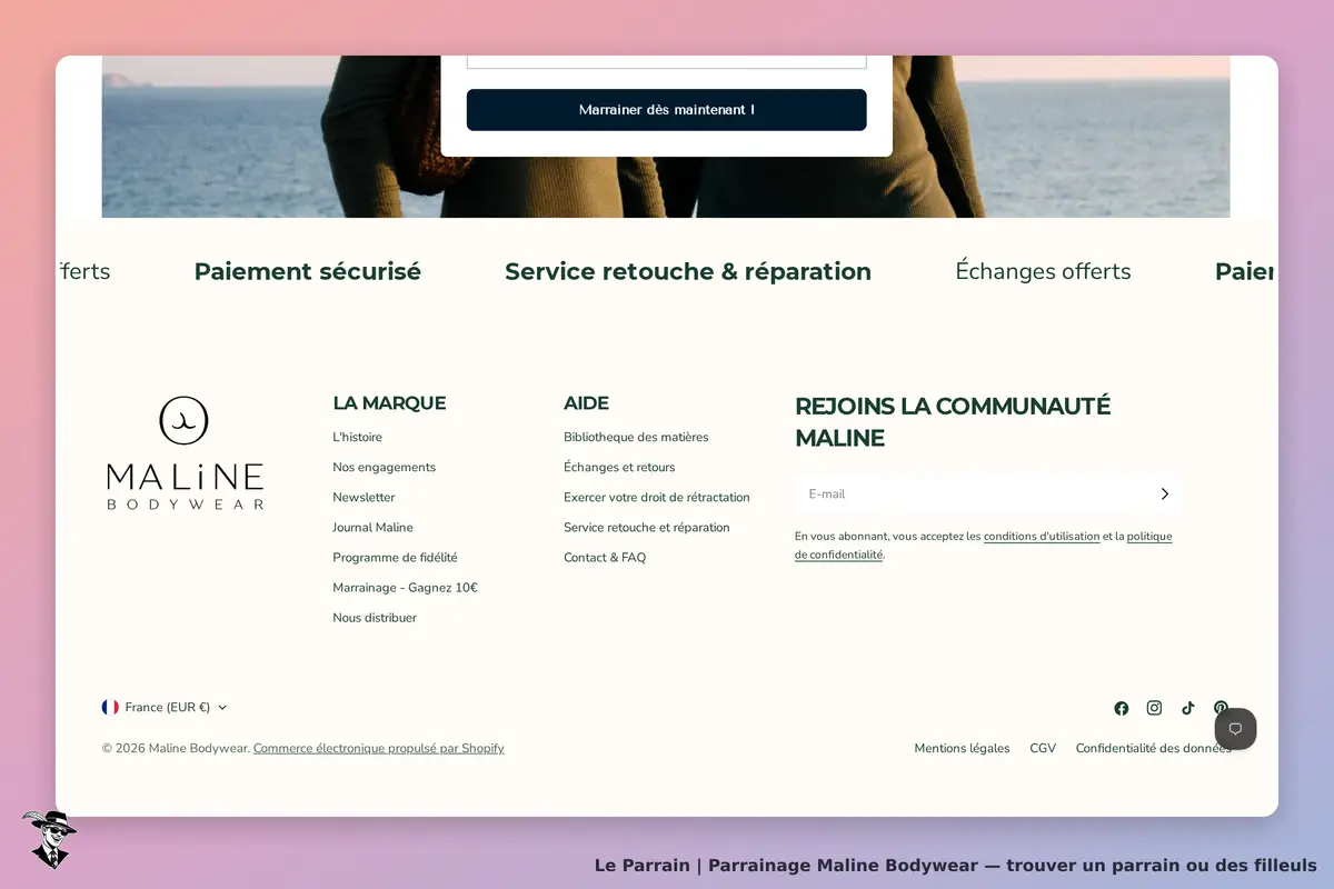 Maline Bodywear : section inférieure du site avec logo, liens et formulaire d'inscription par