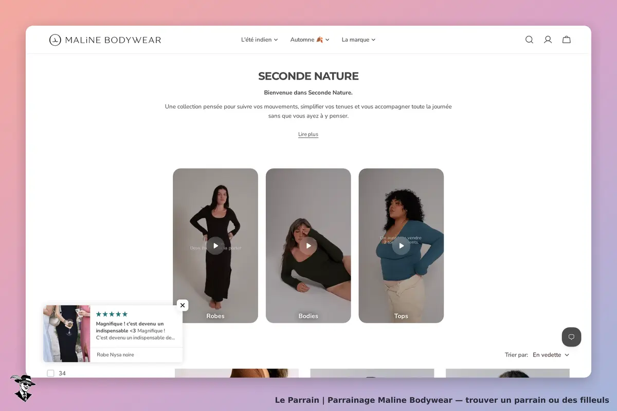 Maline Bodywear : page d'accueil avec trois vidéos de robes, bodies et tops présentés