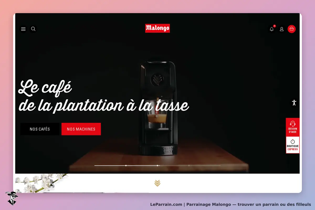 Malongo : page d'accueil avec machine à café et slogan sur fond noir