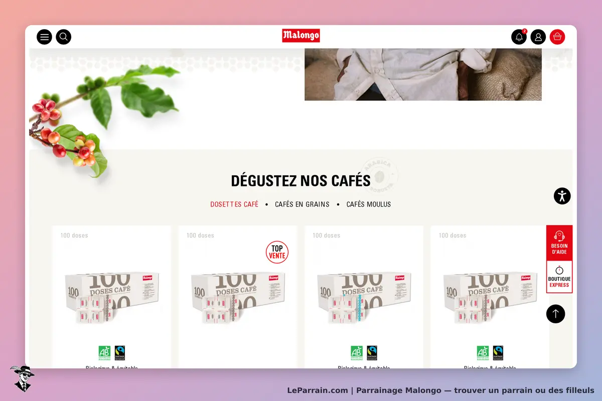 Malongo : page d'accueil présentant des dosettes de café et options de produits