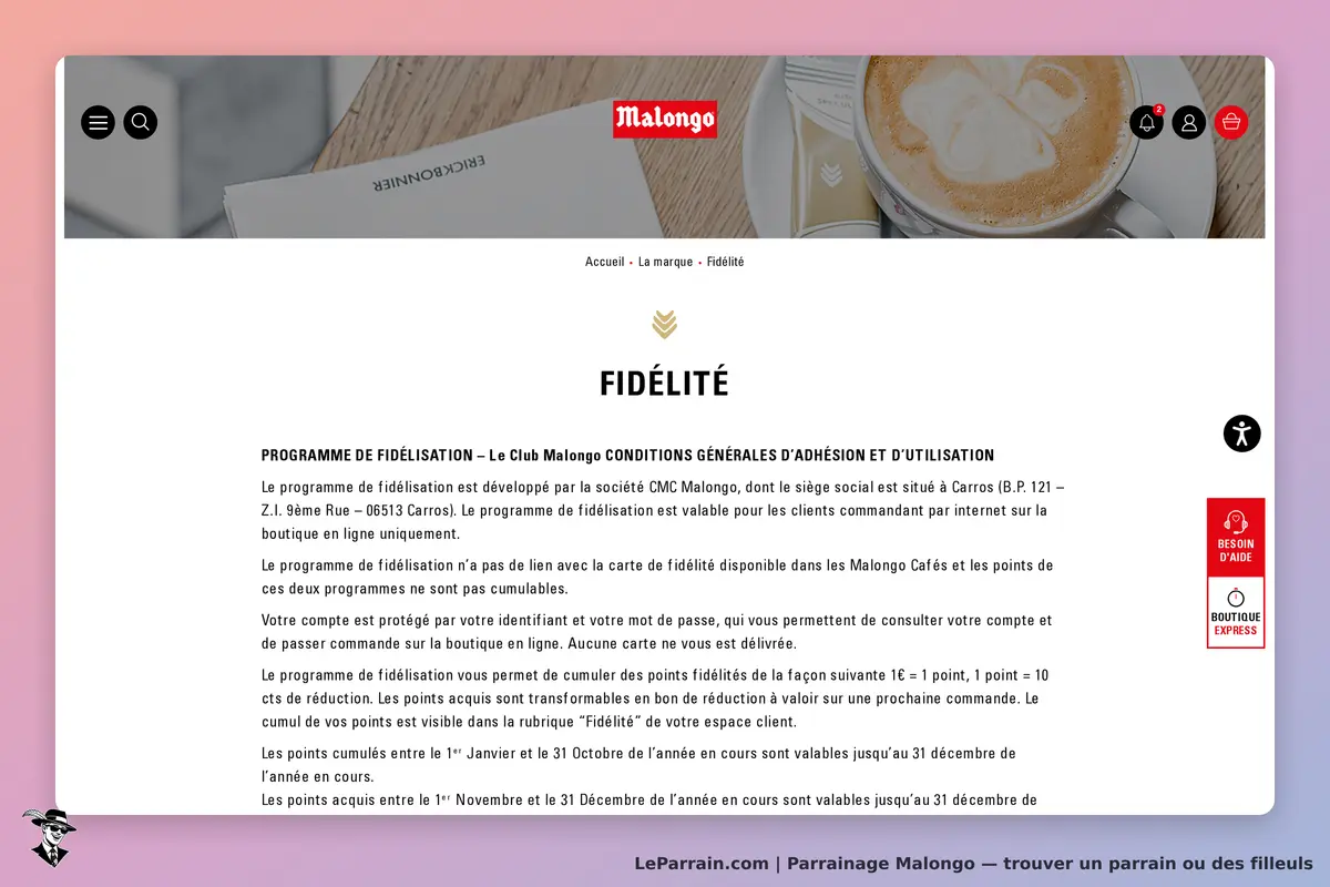 Malongo : page de fidélité avec informations sur le programme et visuel de café en tasse