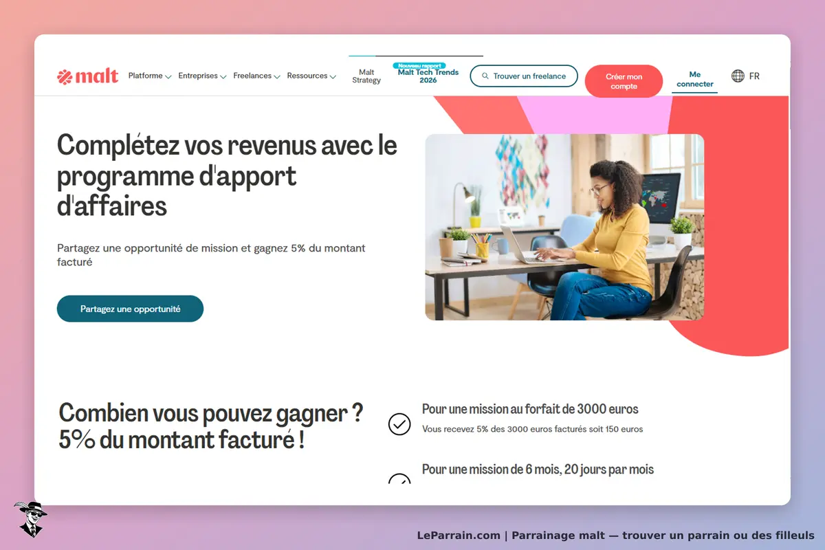 malt : page d'accueil présentant un programme d'apport d'affaires avec une femme au travail