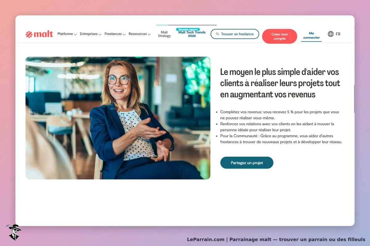 malt : page d'accueil avec une femme souriante, texte sur l'aide aux clients et projets