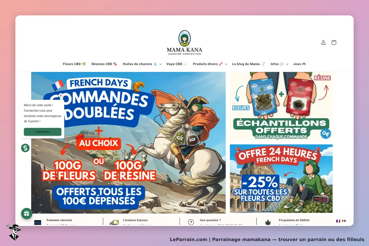 mamakana : mAMA KANA : page d'accueil avec promotions sur fleurs et résines CBD, visuels colorés et
