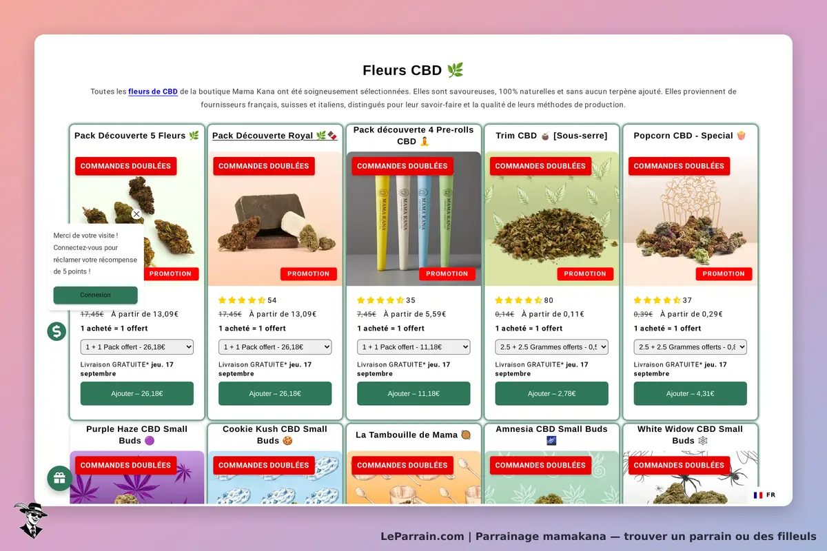 Mamakana : page d'accueil avec divers produits CBD en promotion et options de commande